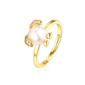 Pearl dog Ring Sterling Silver Plain Gold band